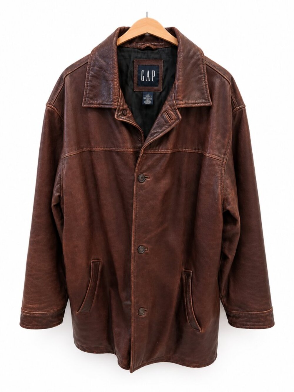 Vintage GAP Leather Jacket Men’s Large Brown Long Coat Y2K 90s Quilted Lined EUC